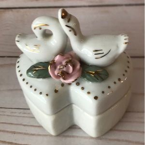 Vintage Heart Shaped Double Swan and Rose Trinket Box